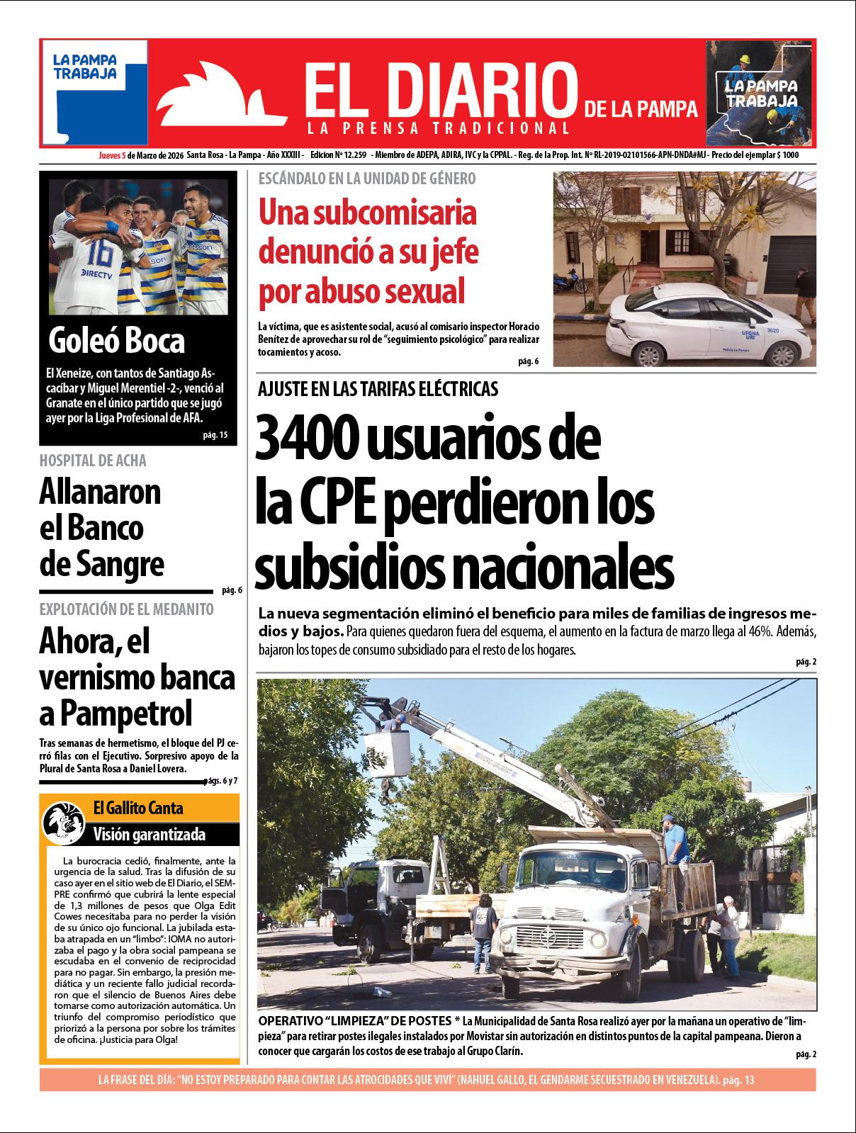 Tapa de El Diario en papel  jueves 05 de marzo de 2026